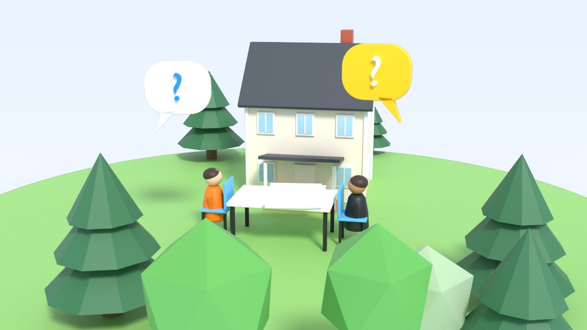 A buyer and an estate agent talk at a garden table, with speech bubbles above them