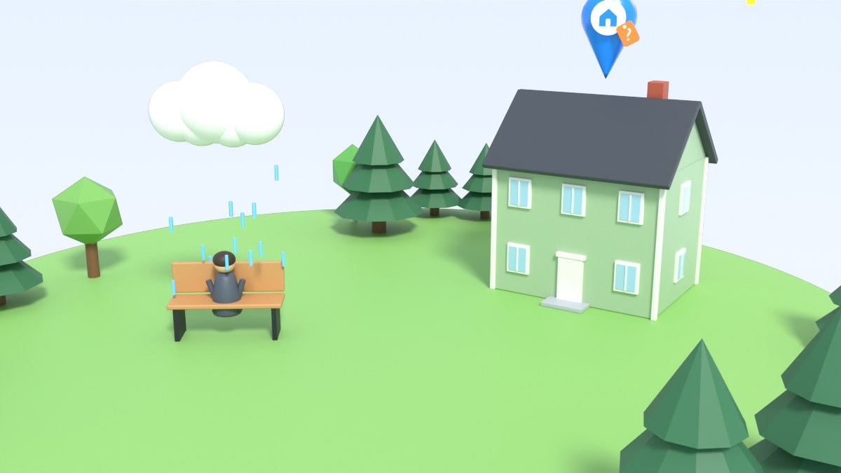 A player sits on a bench under a small rain cloud, while the sun shines on another house