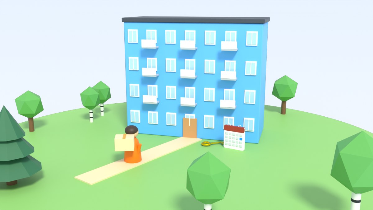 A person carries a moving box to an apartment block, with a key and a calendar near the door