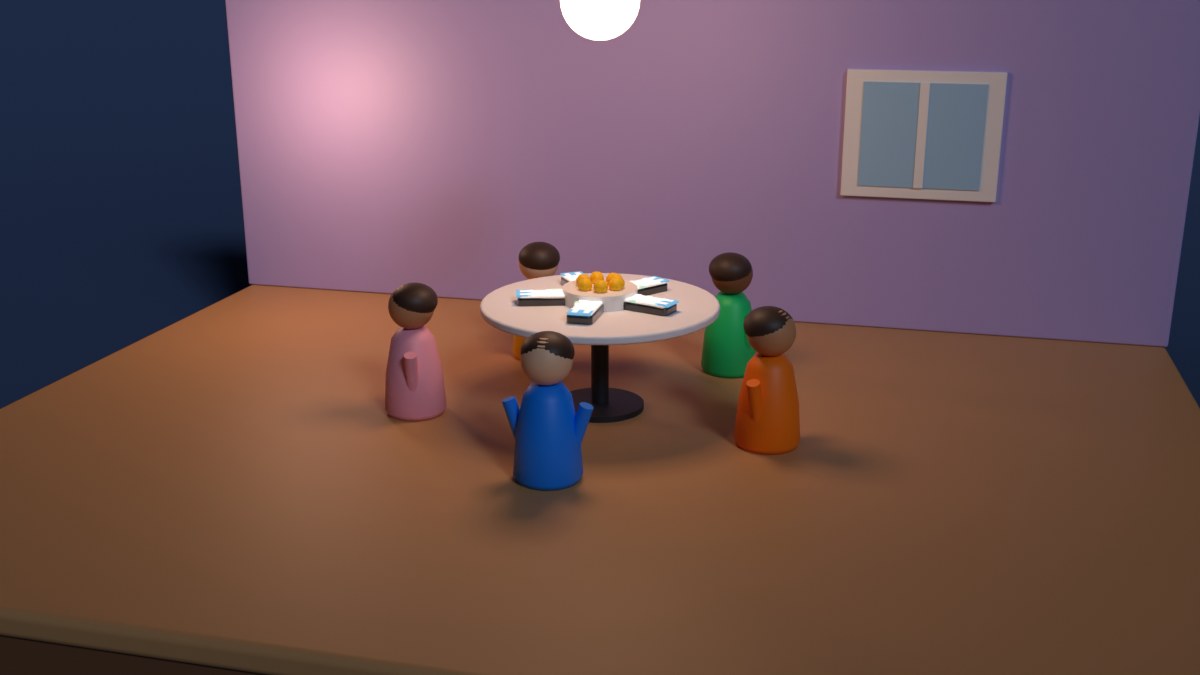 Friends sit around a table at night with phones, mugs and snacks under warm lamps