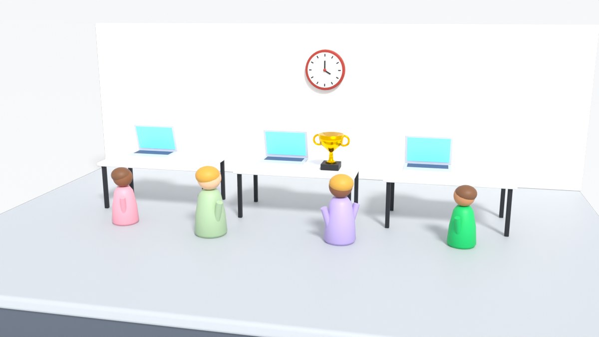 Colleagues with phones gather at office desks at lunch, with a clock and a small trophy