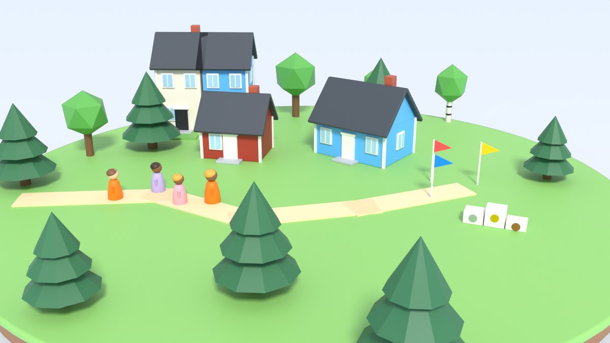 A group of walkers follows a path through a neighbourhood toward small flags at the finish