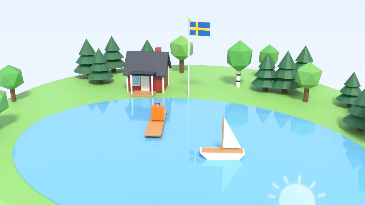 A red summer cottage by a lake with a sailing boat, a suitcase and a Swedish flag