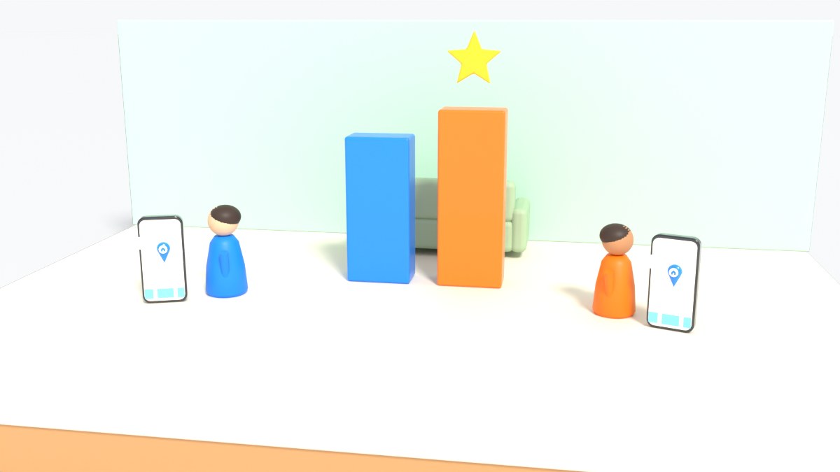 Two partners with phones stand on each side of a scoreboard with a blue bar and an orange bar