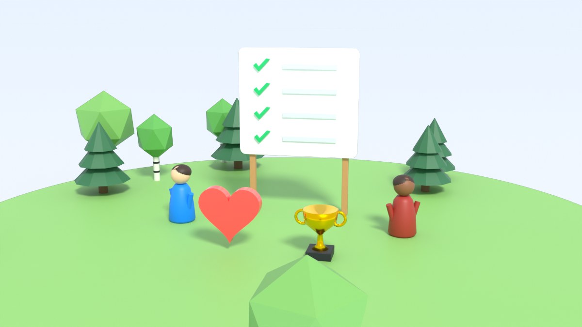 A board with a list of check marks stands between two players, with a heart and a trophy