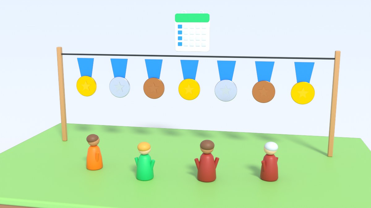 Seven medals hang in a row on a line below a weekly calendar, with friends below