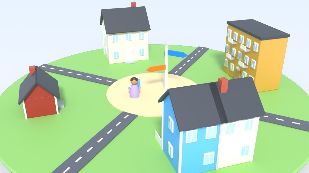 A newcomer stands at a signpost with arrows in a town square with houses on every side