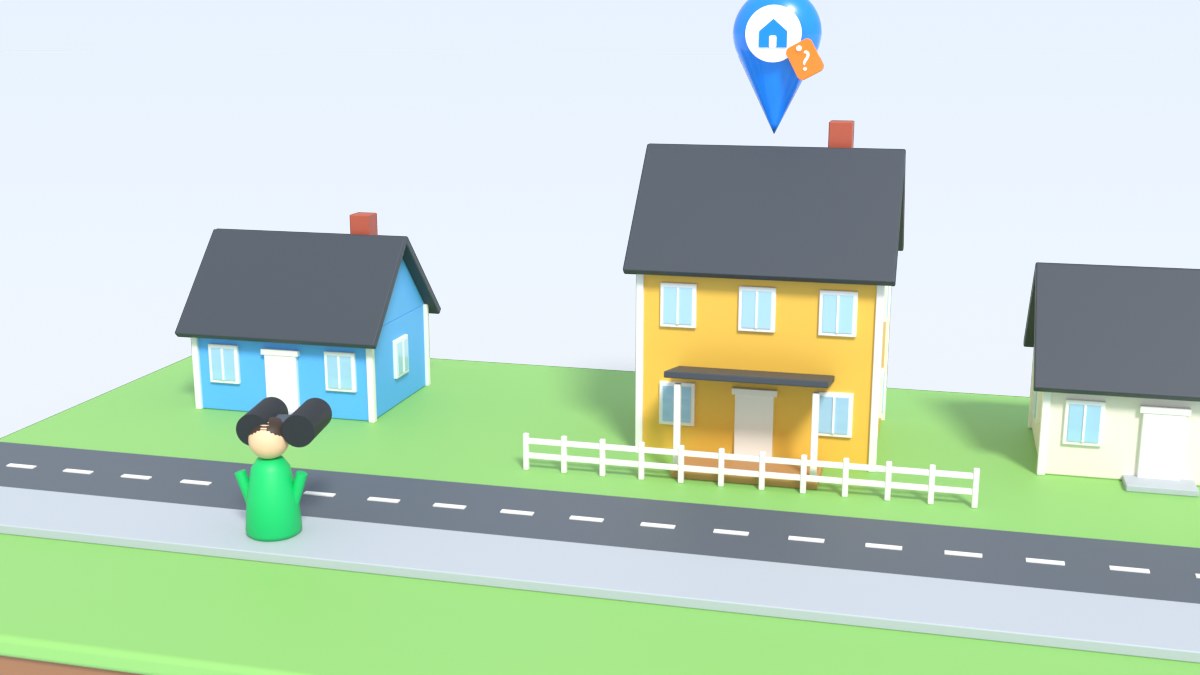 A walker on the pavement looks through binoculars at a yellow villa with a blue pin above it