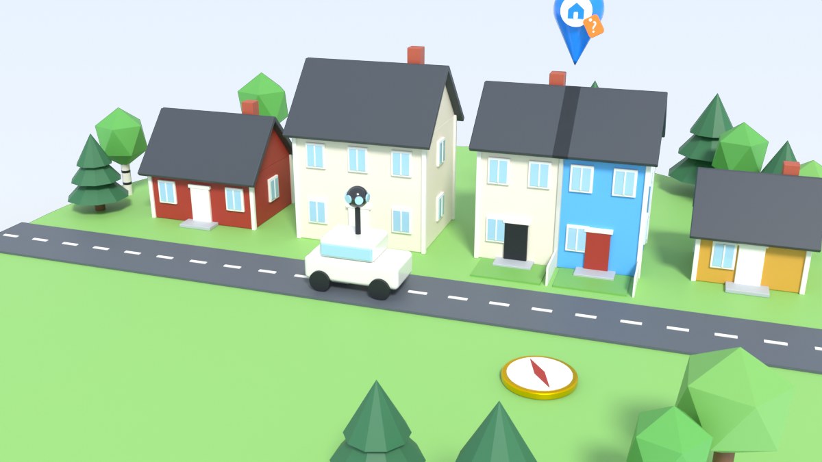 A small car with a camera on its roof drives past homes, with a compass and a blue pin nearby