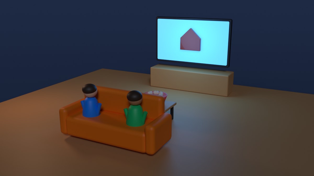 Friends on a sofa watch a home on a large TV, with a bowl of popcorn and a phone