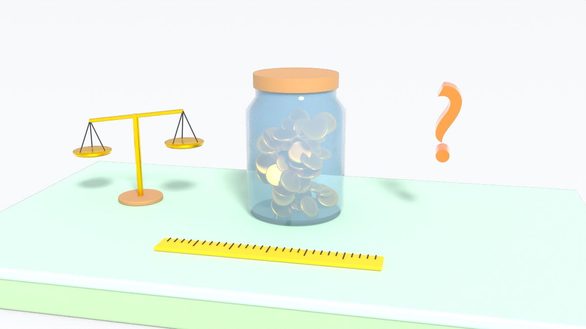 A glass jar full of coins stands next to a big question mark, a ruler and a balance