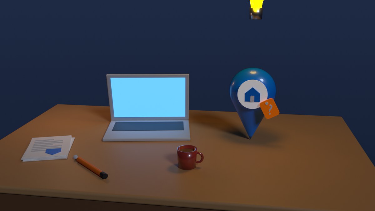 A desk at night with a laptop, sketches, a mug and a glowing light bulb above a model of the map pin