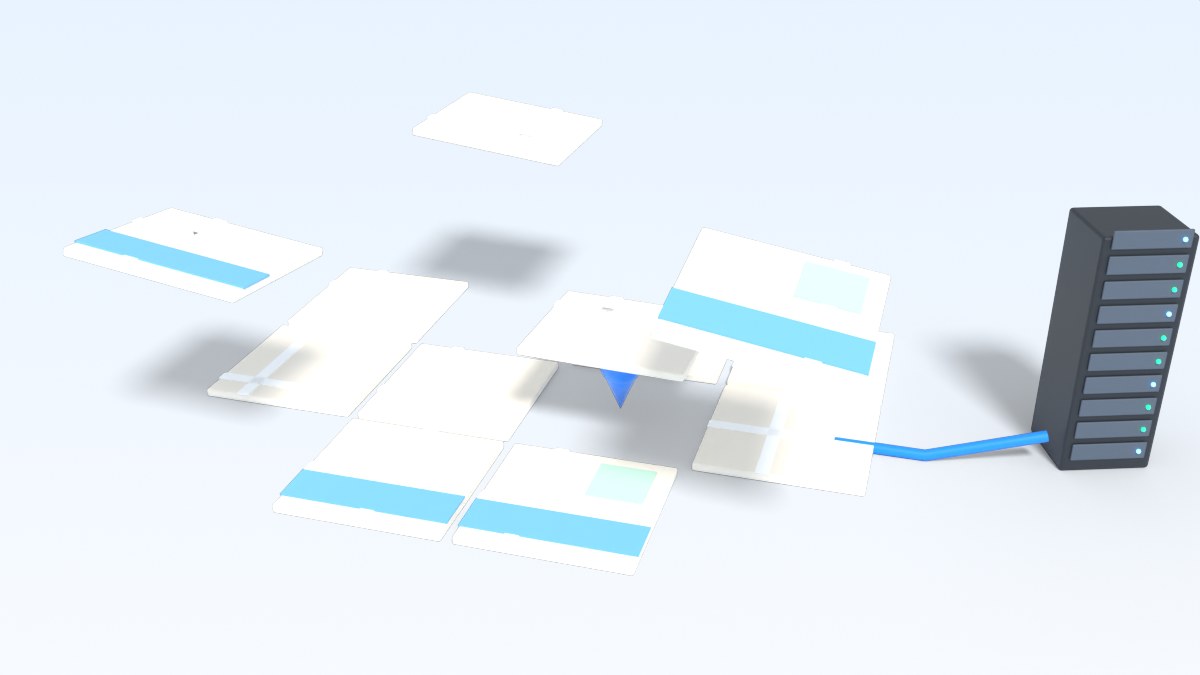 Square map tiles fly together into a map next to a small server