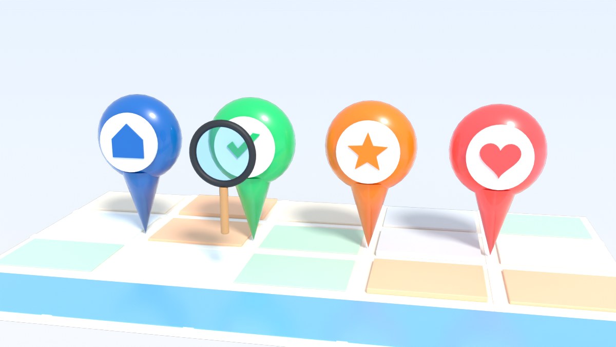 Large map pins in strong colours with clear white symbols stand on a map