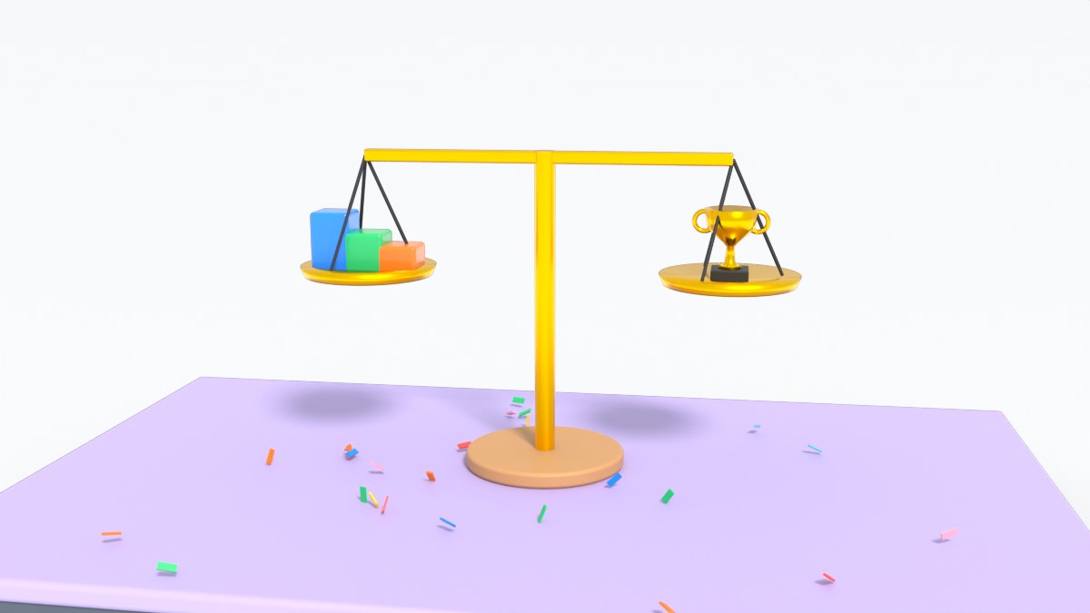 Level balance scales hold three coloured blocks on one side and a gold trophy on the other