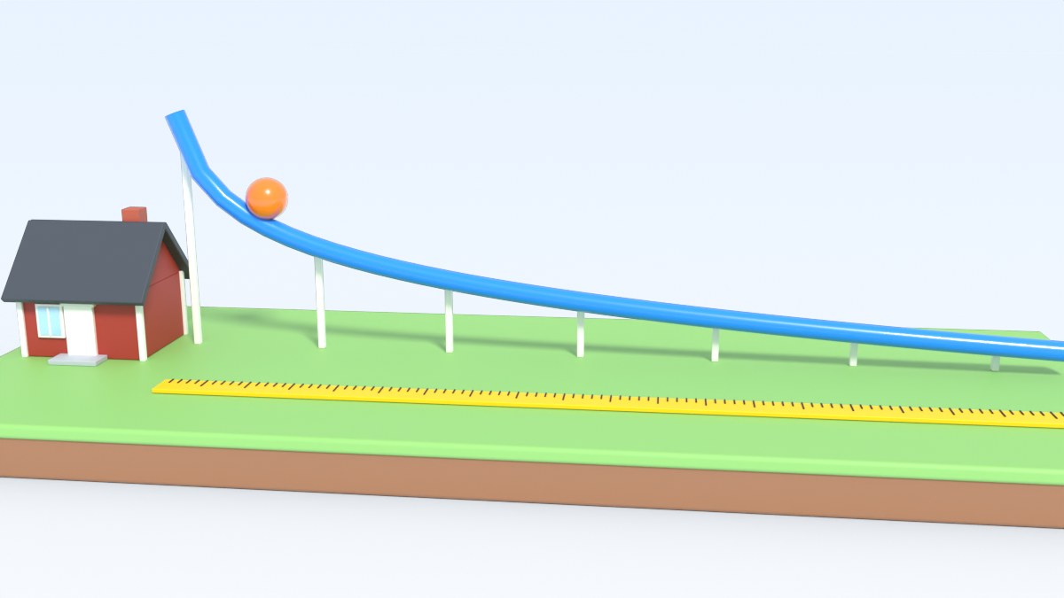 A ball rolls down a curved slide that is steep near a house and flat far away