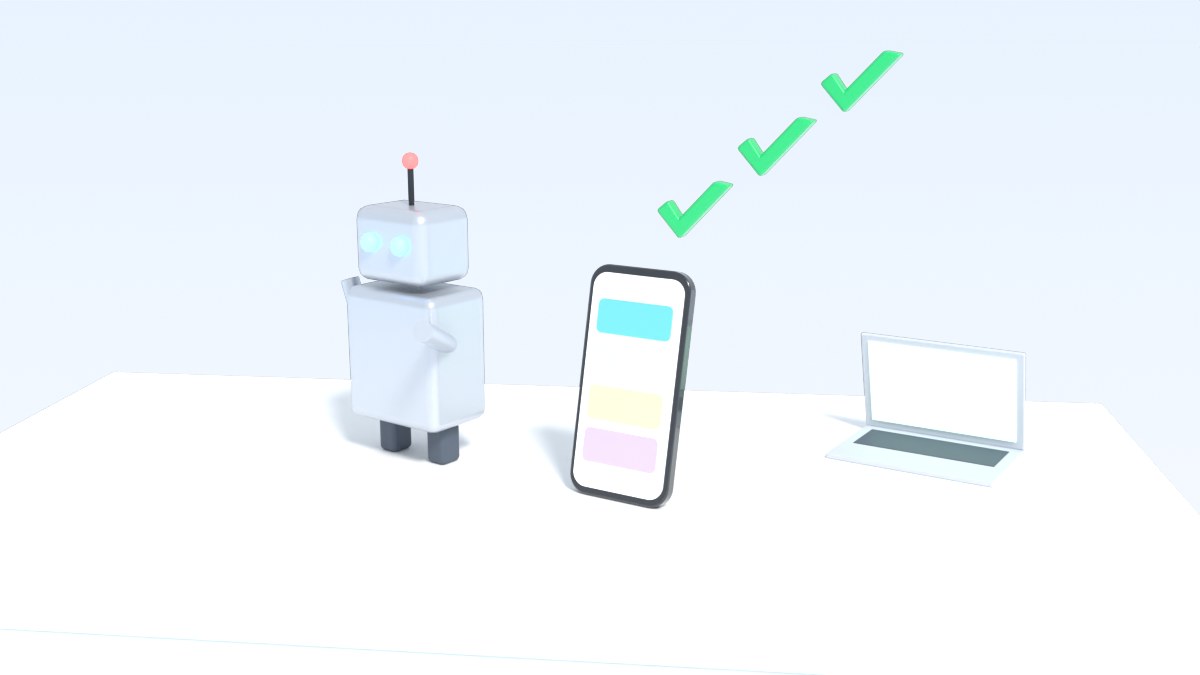 A small robot taps a phone on a stand, and green check marks rise from the screen