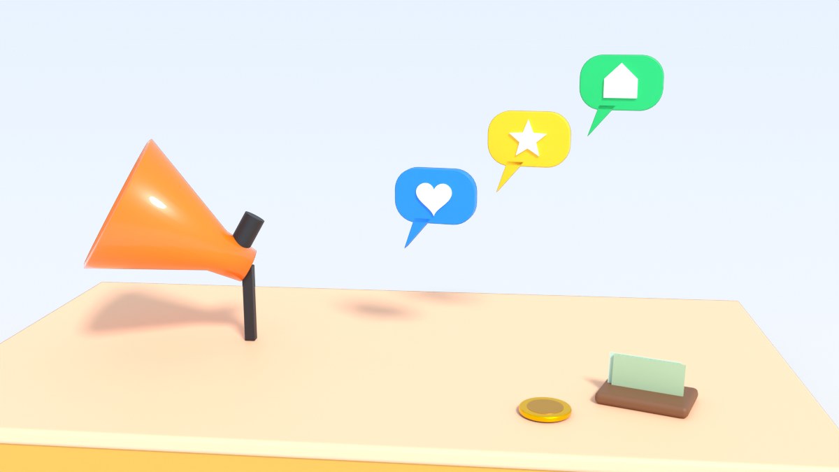 A large megaphone sends colourful speech bubbles into the air, next to an empty wallet