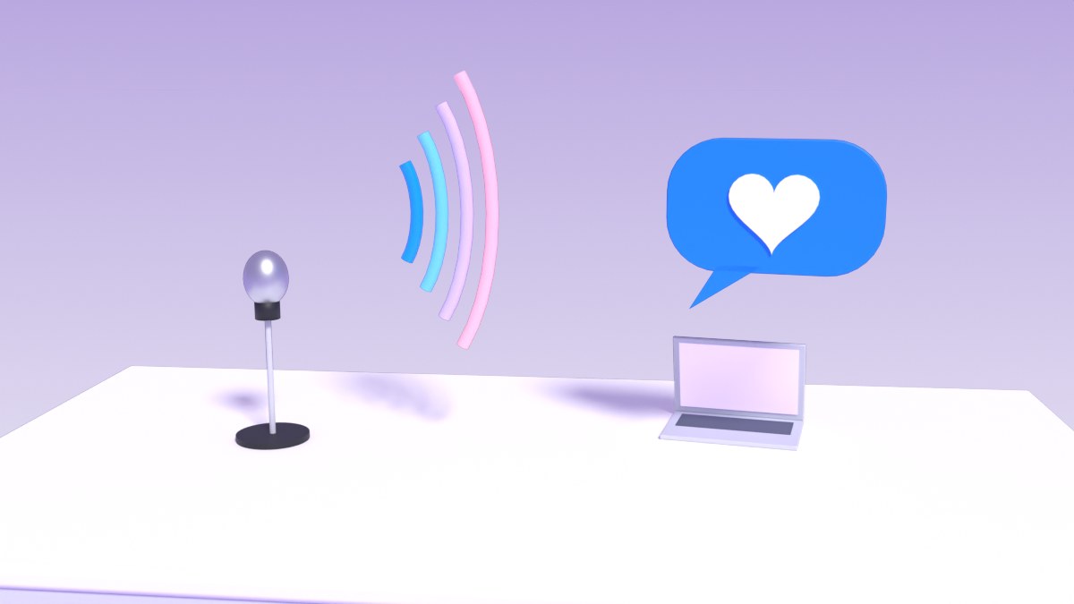 A studio microphone sends round sound waves toward a speech bubble
