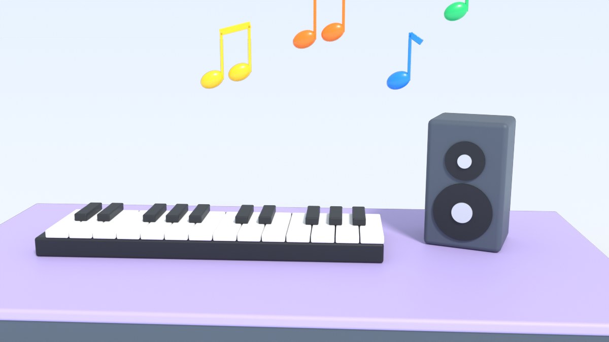 Piano keys and a speaker with music notes that float up into the air