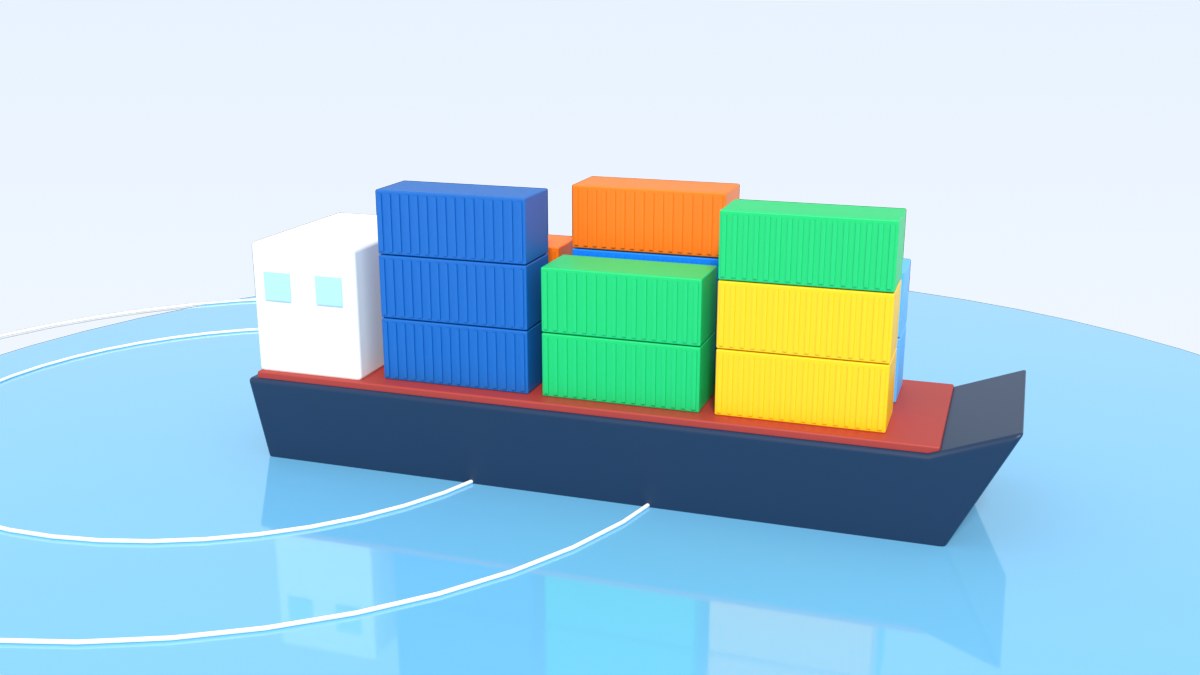A cargo ship carries stacked containers in blue, orange and green across calm water