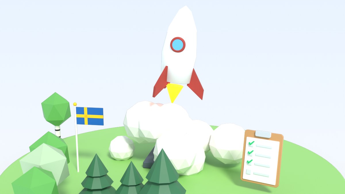 A rocket lifts off from a small island with a cloud of white smoke