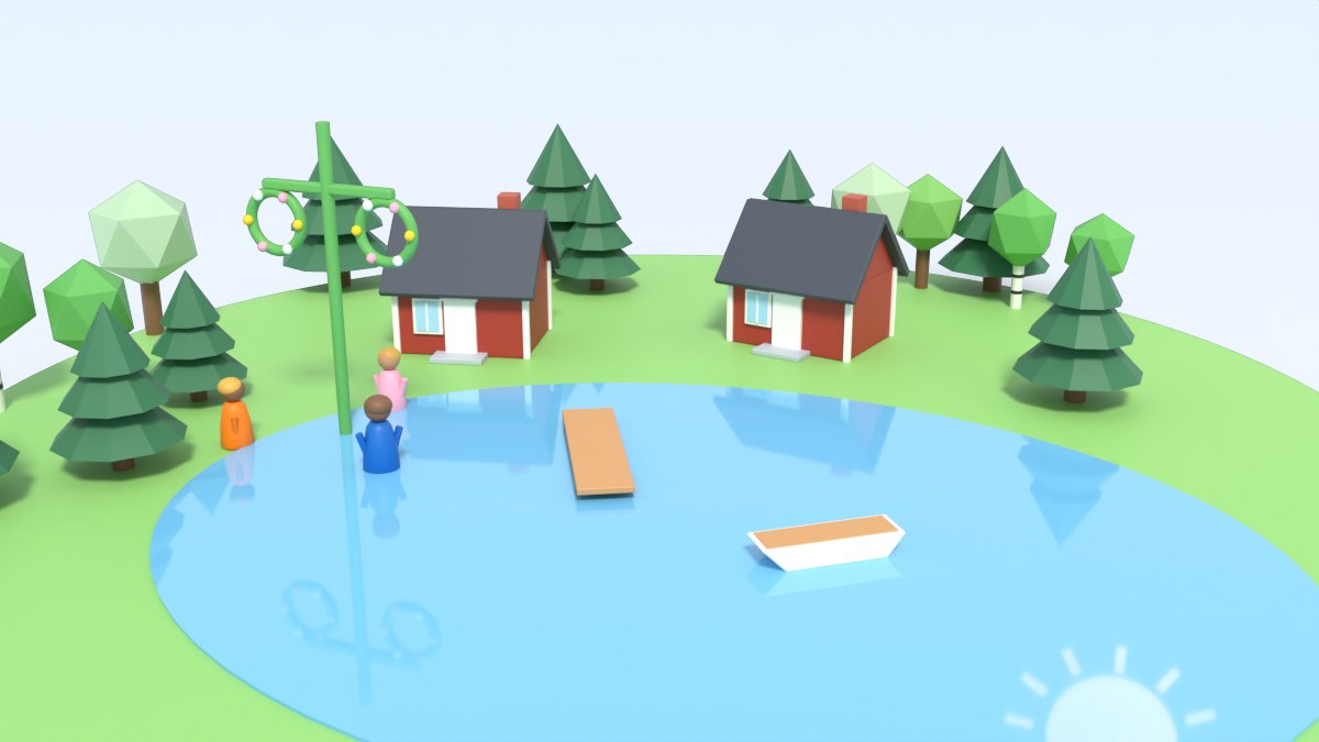 Red summer cottages by a lake on midsummer, with a maypole, a rowing boat and the sun