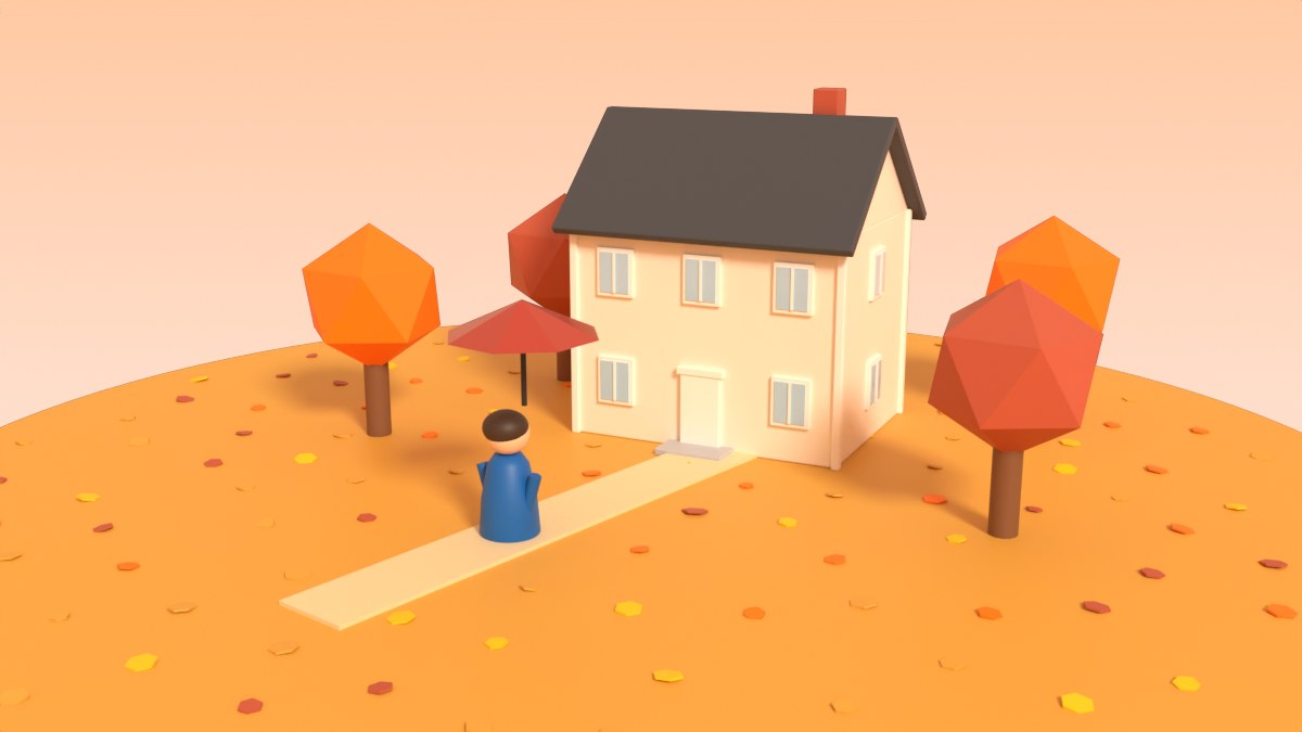 A house among orange autumn trees and fallen leaves, with a player under an umbrella