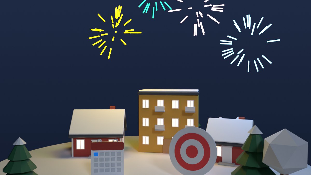 Fireworks burst over a small town at night, next to a calendar and a target board