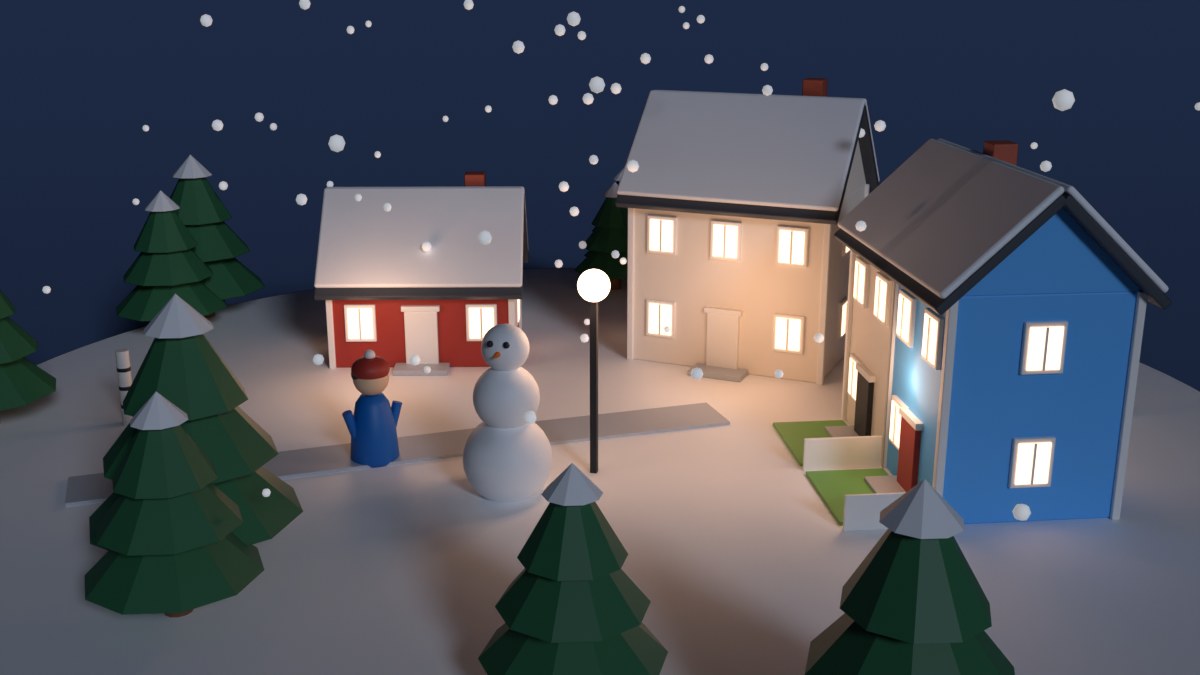 A snowy neighbourhood at dusk with lit windows, a walker in a red hat and a snowman