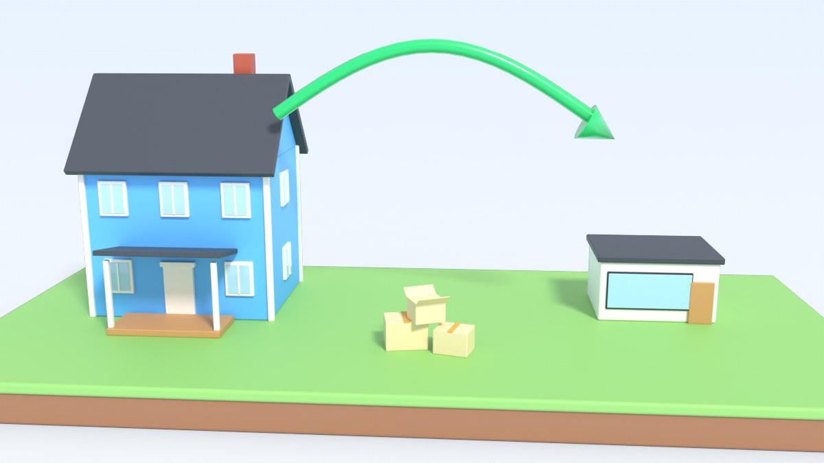 A curved arrow goes from a big family villa to a small modern flat, with moving boxes between them
