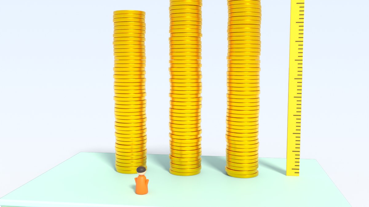 Three very tall towers of coins look almost the same height, with a ruler that shows the difference