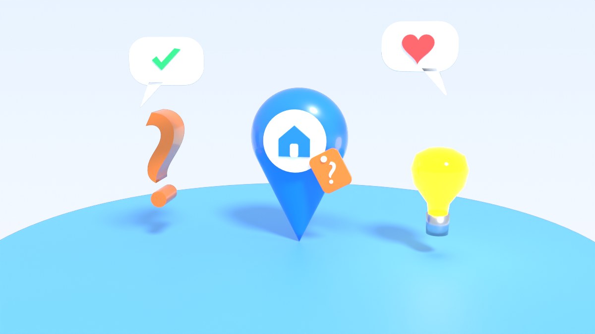 A big orange question mark, a glowing light bulb and speech bubbles stand around the blue map pin