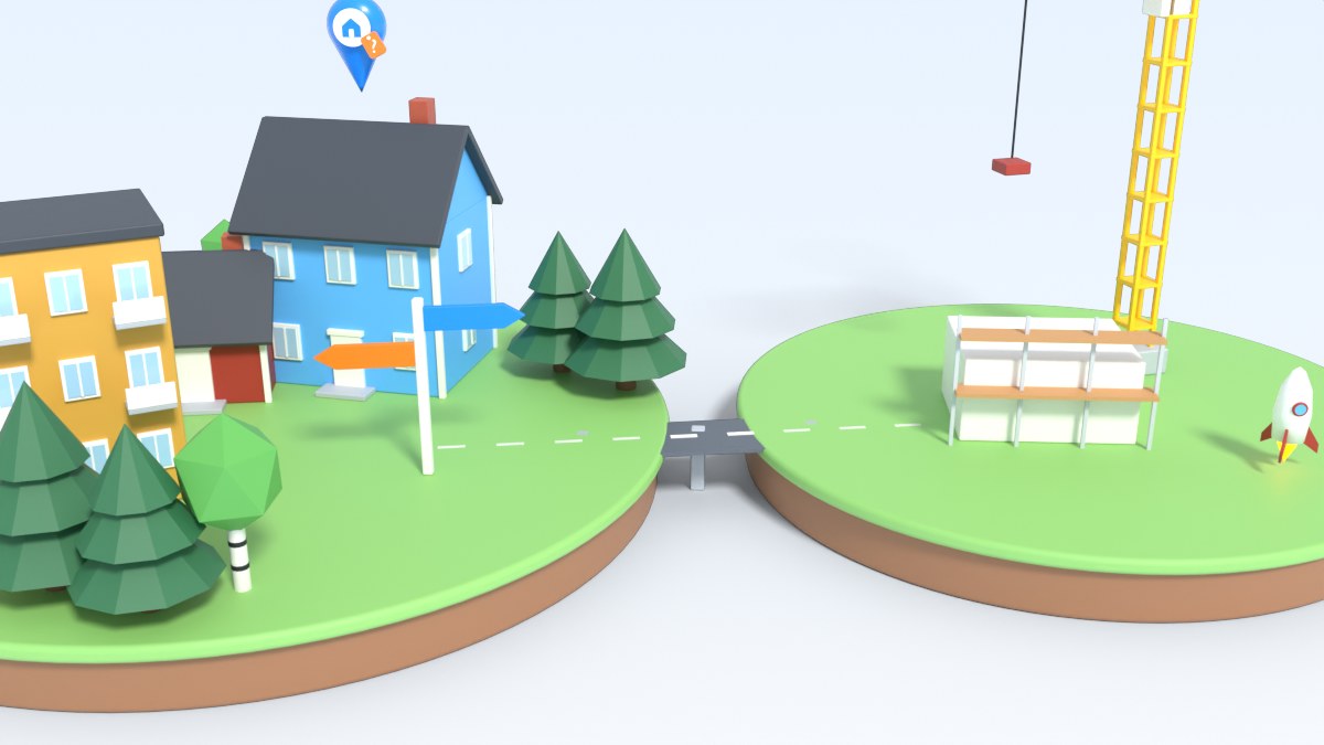 A road leads from a finished island town to a new island where a crane builds more homes