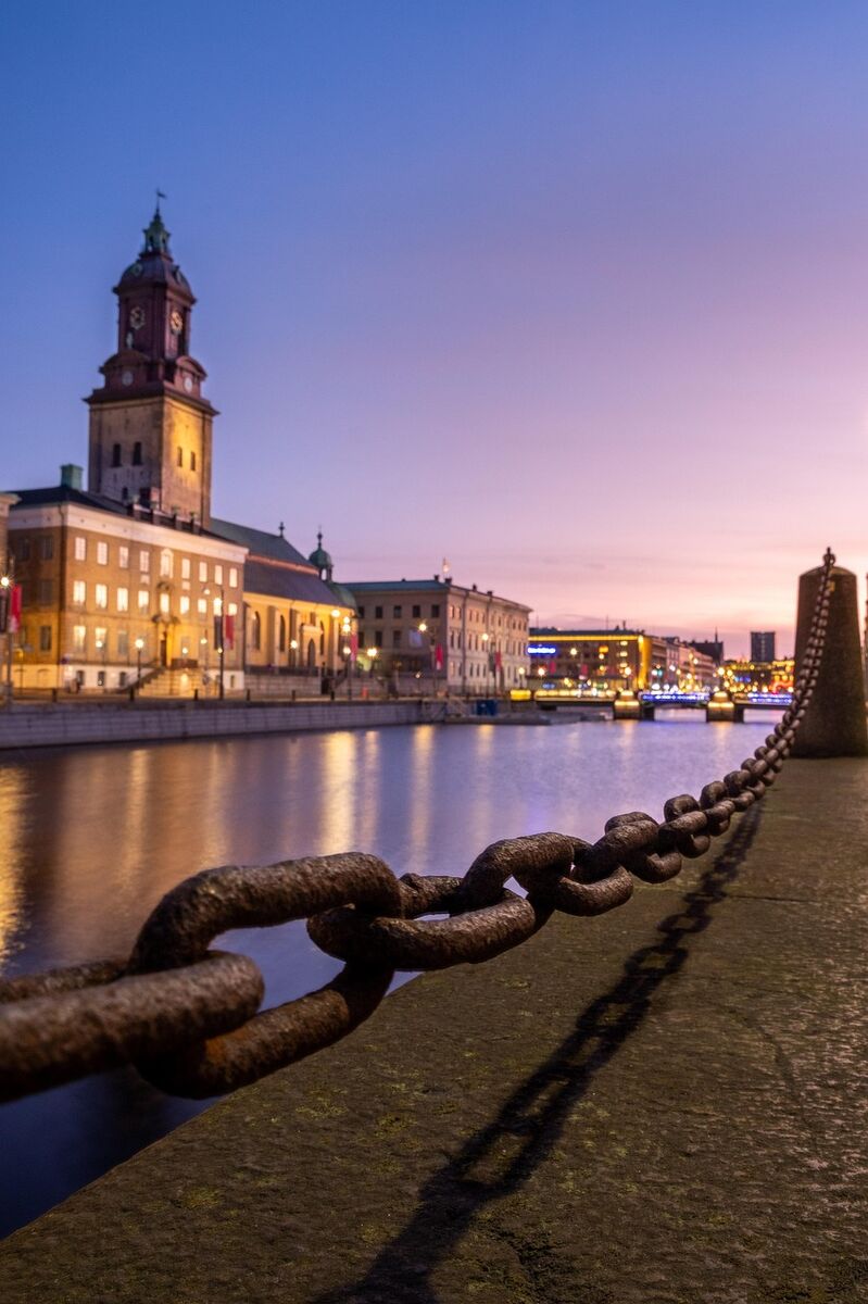 Gothenburg cityscape with canal and old buildings