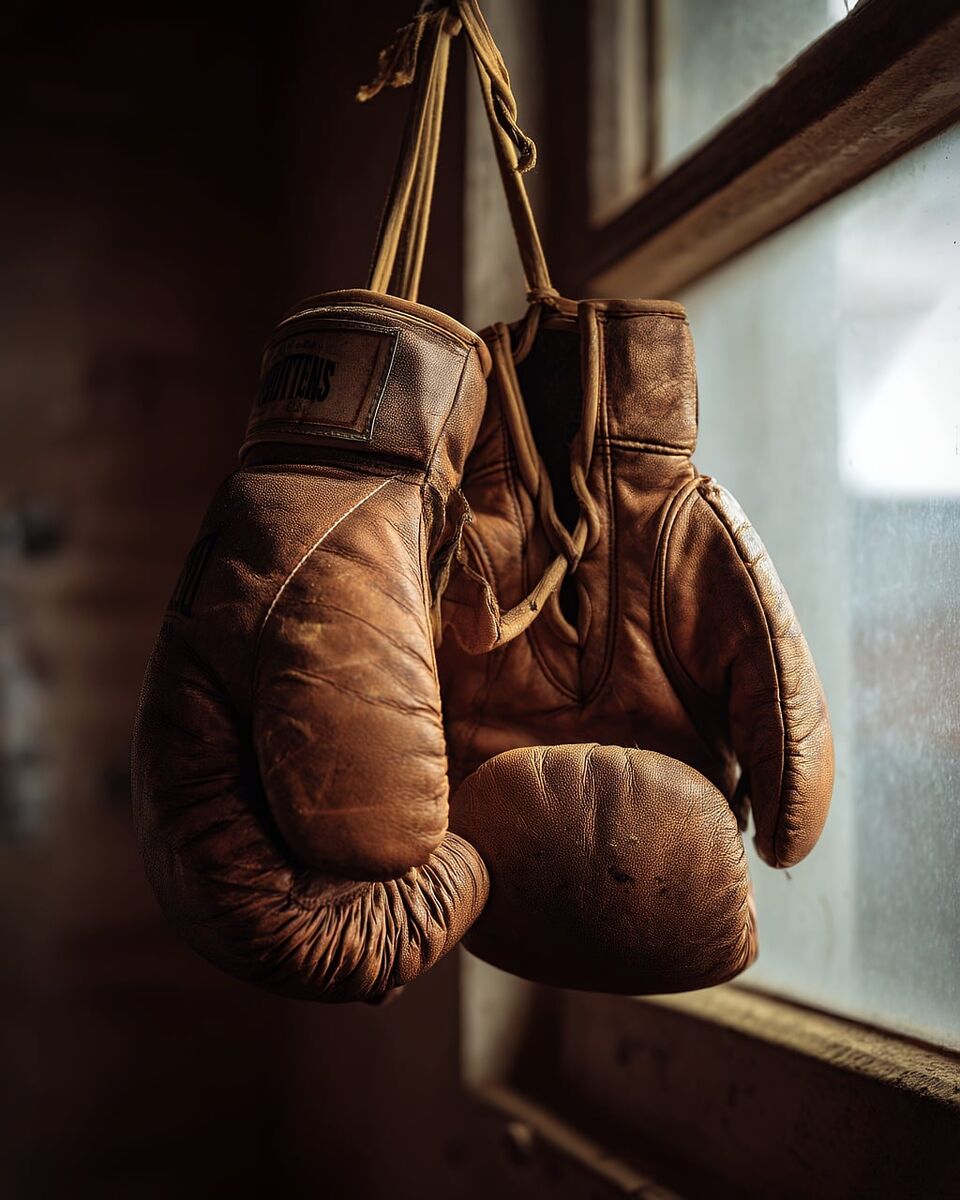 A pair of boxing gloves hanging by the laces