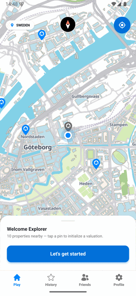 PricePinner map dashboard showing nearby properties as pins on a real street map