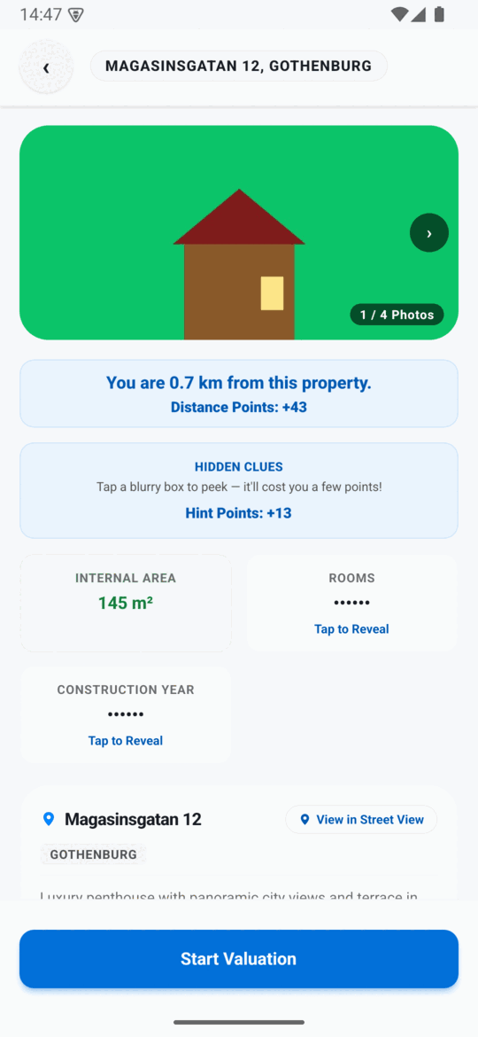 PricePinner property inspection screen with one clue revealed showing the internal area