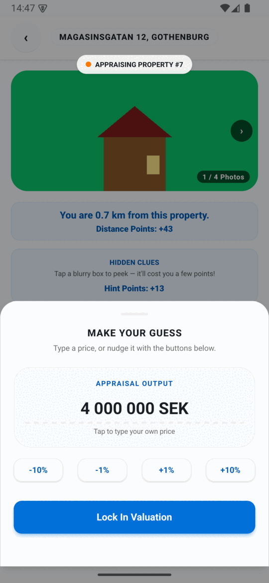 PricePinner valuation screen for entering a price guess with nudge buttons and a lock-in button