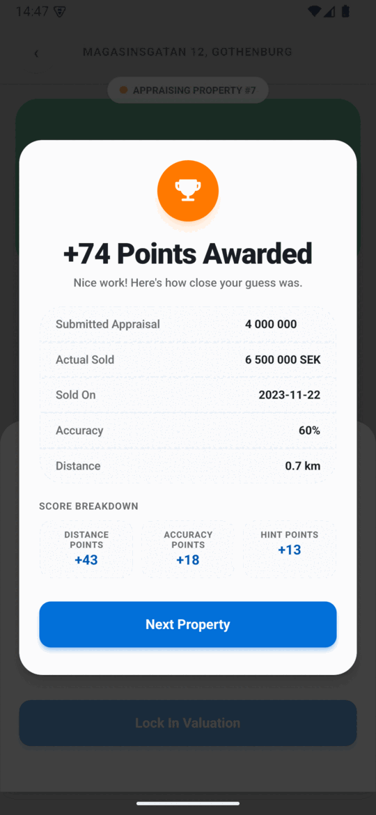 PricePinner scoring screen showing points awarded with a breakdown of distance, accuracy, and hint points