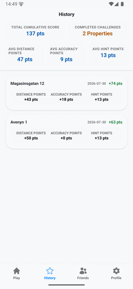 PricePinner history screen listing past valuations with cumulative score and per-property point breakdowns