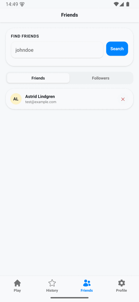 PricePinner friends screen with a search field and a connected friend