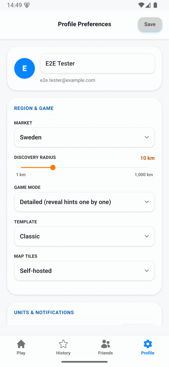 PricePinner profile preferences screen with market, discovery radius, and game mode settings