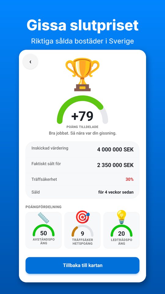 Skärmbild från PricePinner: Poängen efter en gissning